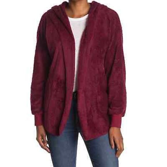 New Forgotten Grace Wine Red Faux Shearling Hooded Front Cardigan Women's Size M - Picture 1 of 6